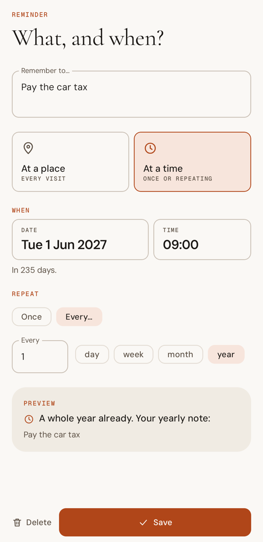A yearly reminder for the car tax, with the notification it will send