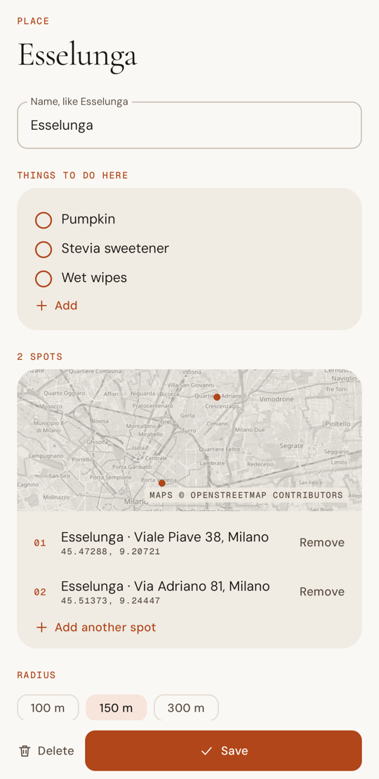 A place: what to do there and its two shops on a map
